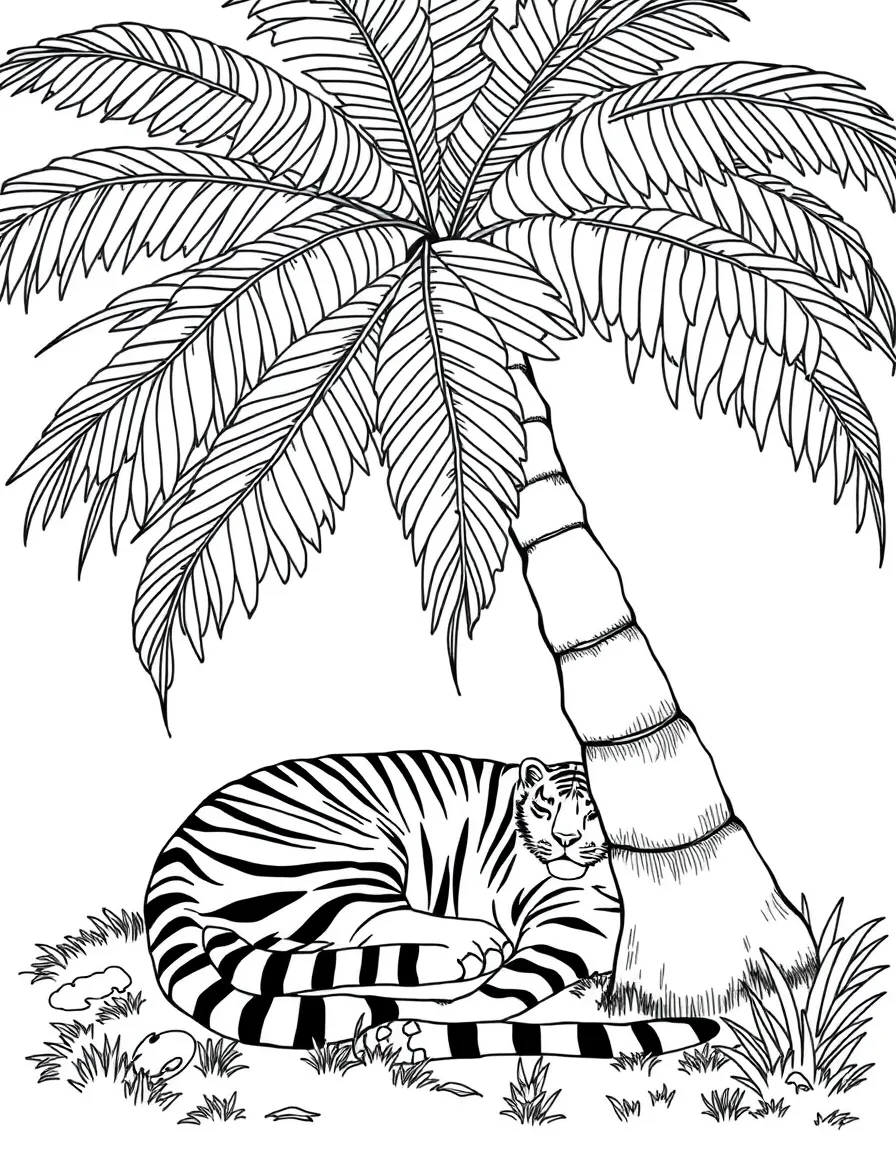 A tiger napping peacefully under a giant, leafy palm tree.