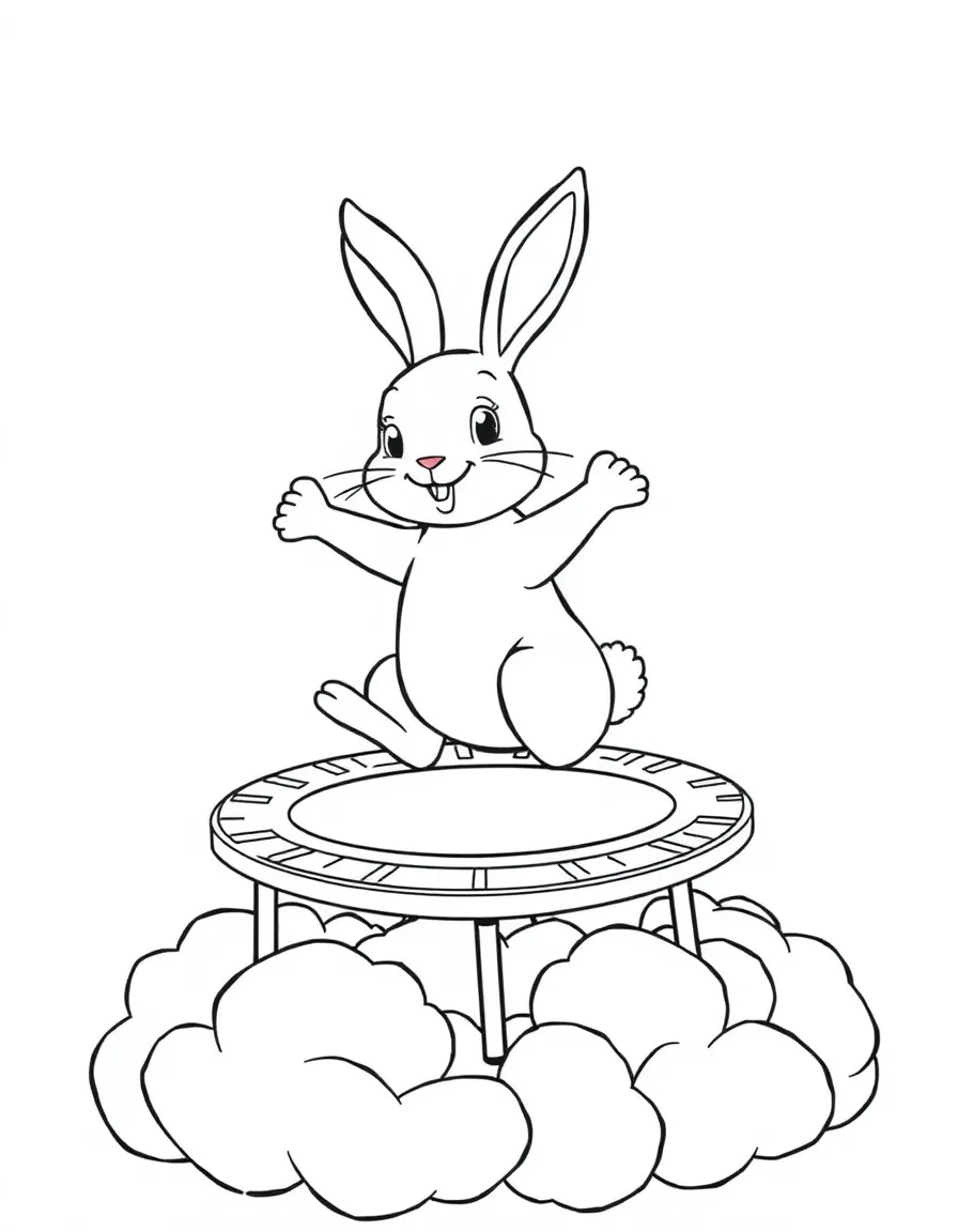 A rabbit bouncing on a trampoline made of fluffy clouds.