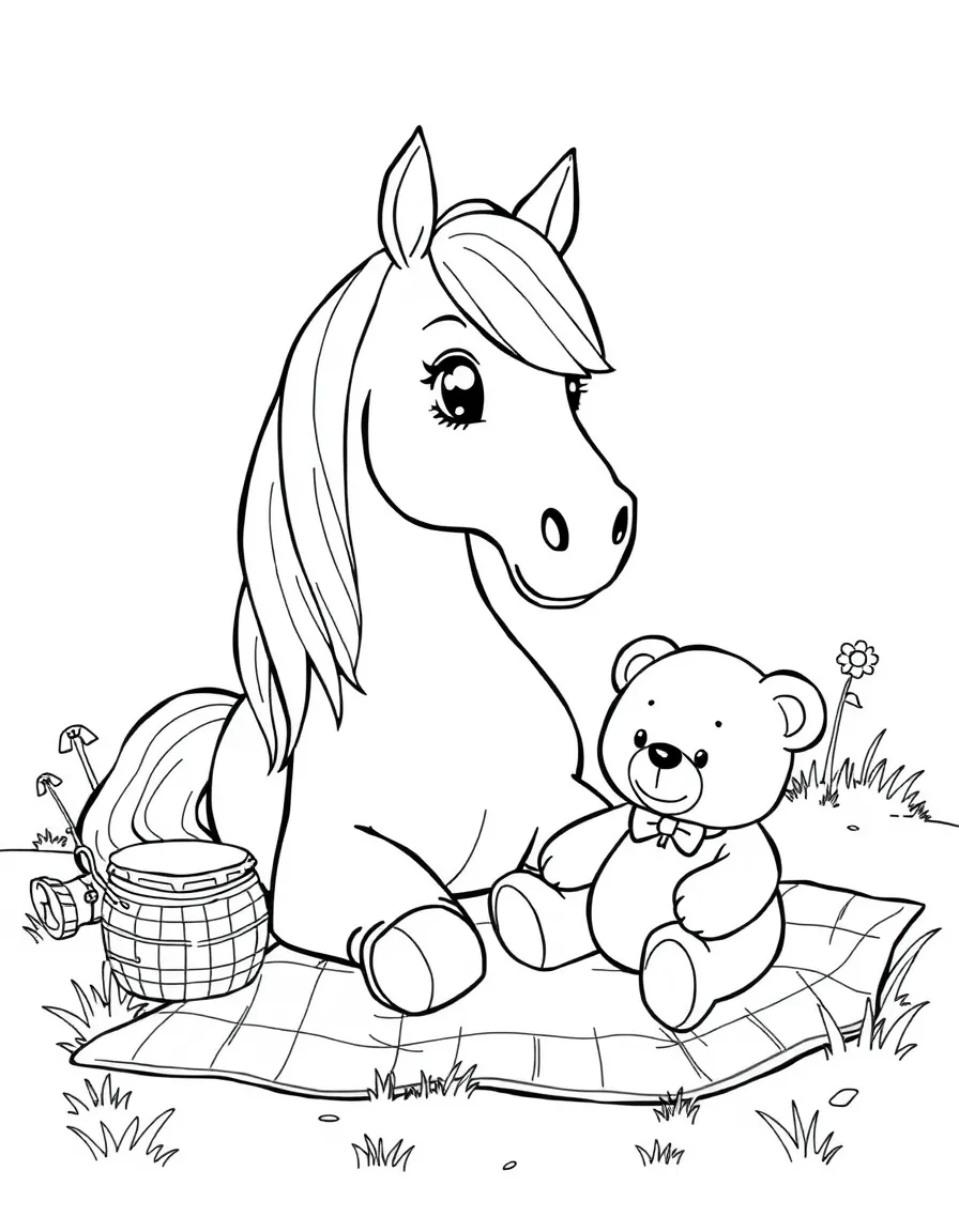 A horse enjoying a picnic with a teddy bear.