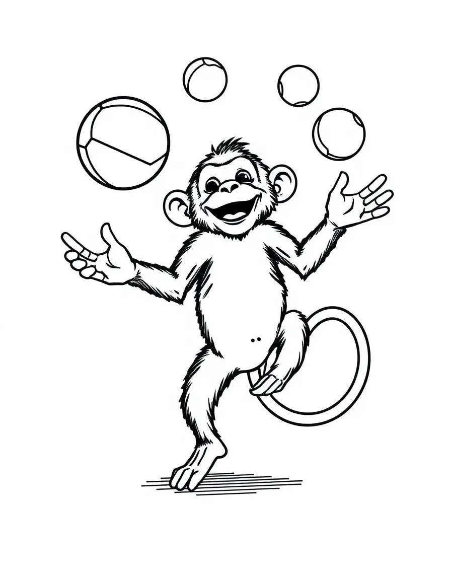 A monkey juggling brightly colored balls.