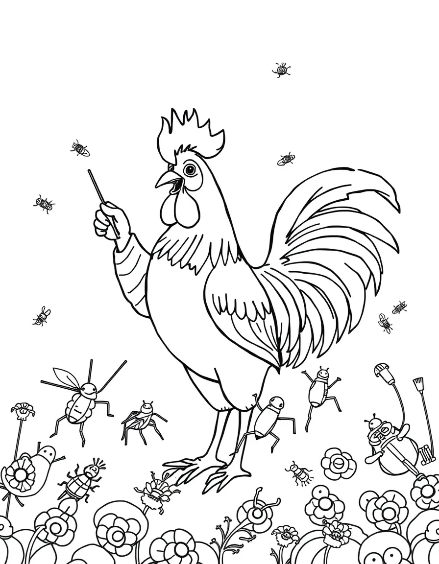 A rooster conducting an orchestra of tiny bugs.