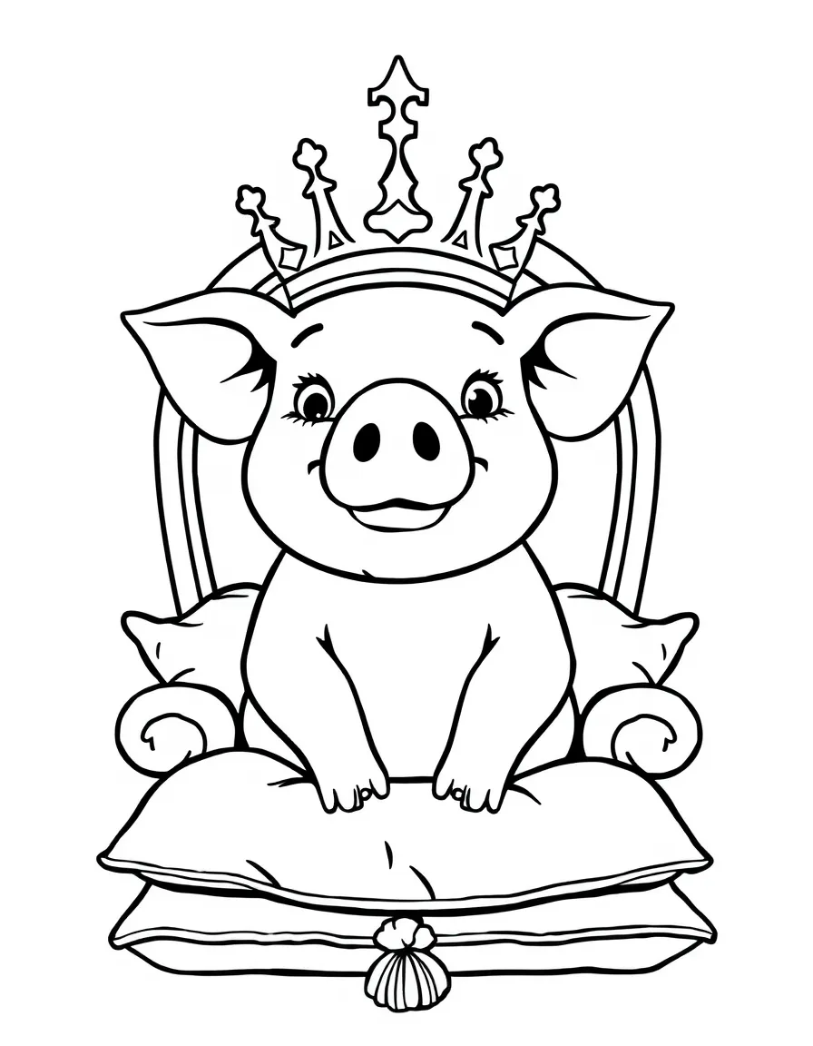 A pig wearing a crown, sitting on a throne of pillows.