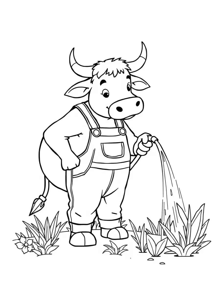 An ox wearing overalls, watering a garden.