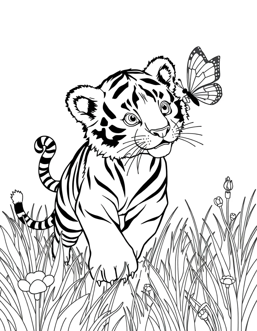 A tiger cub chasing a butterfly in a sunny meadow.
