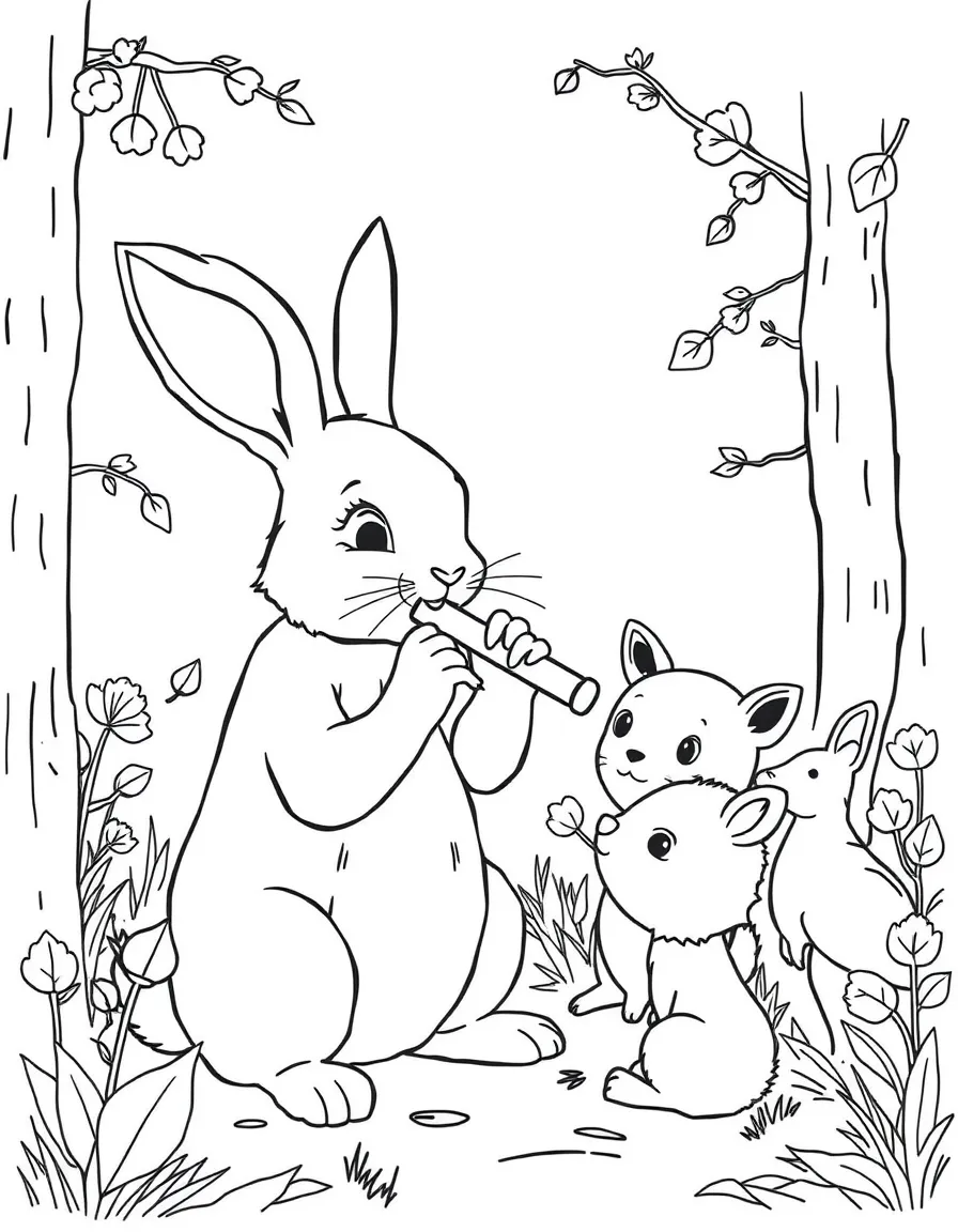 A rabbit playing a tiny flute for a group of forest animals.
