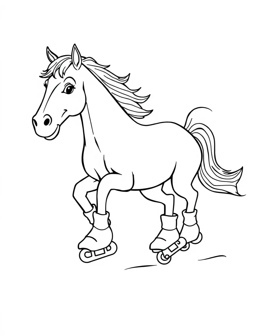 A horse wearing roller skates, gliding happily.