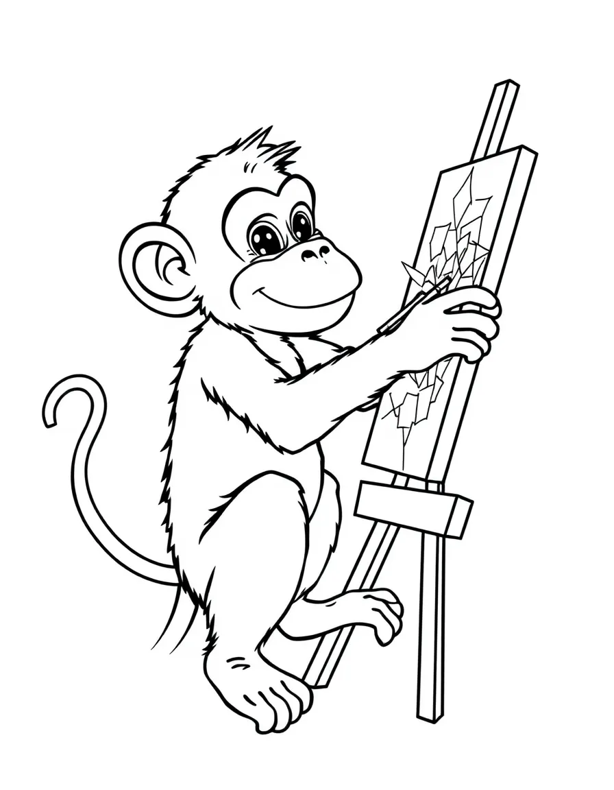 A monkey painting a picture on an easel.
