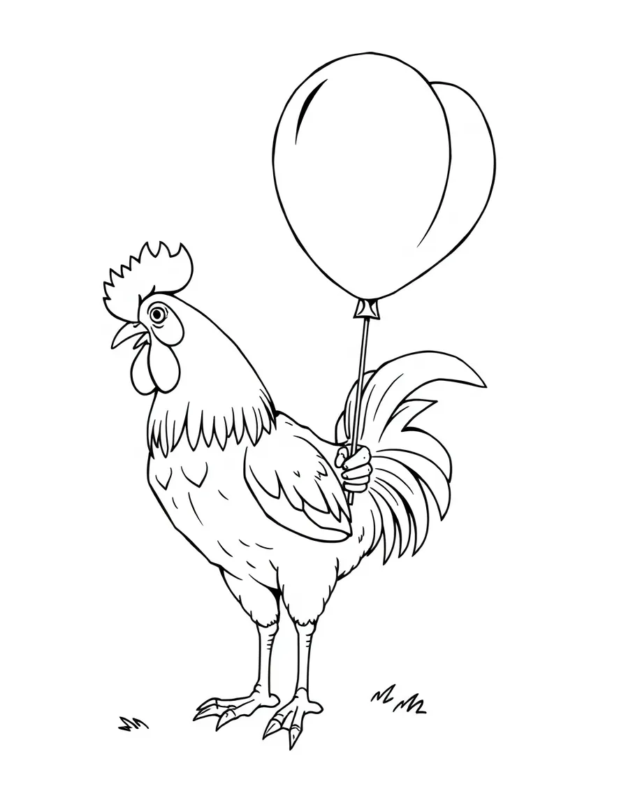 A rooster holding a giant balloon animal.