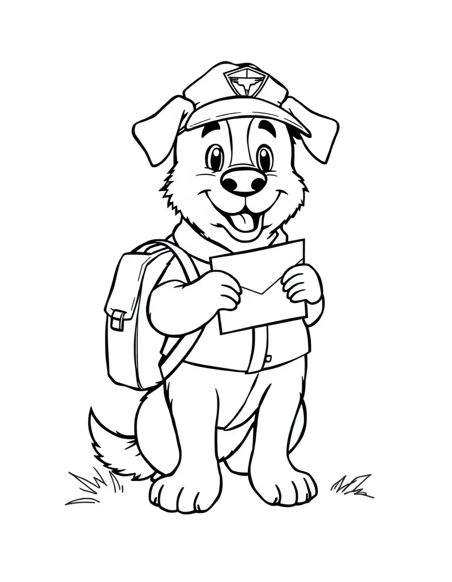 A dog dressed as a mail carrier, delivering a letter.