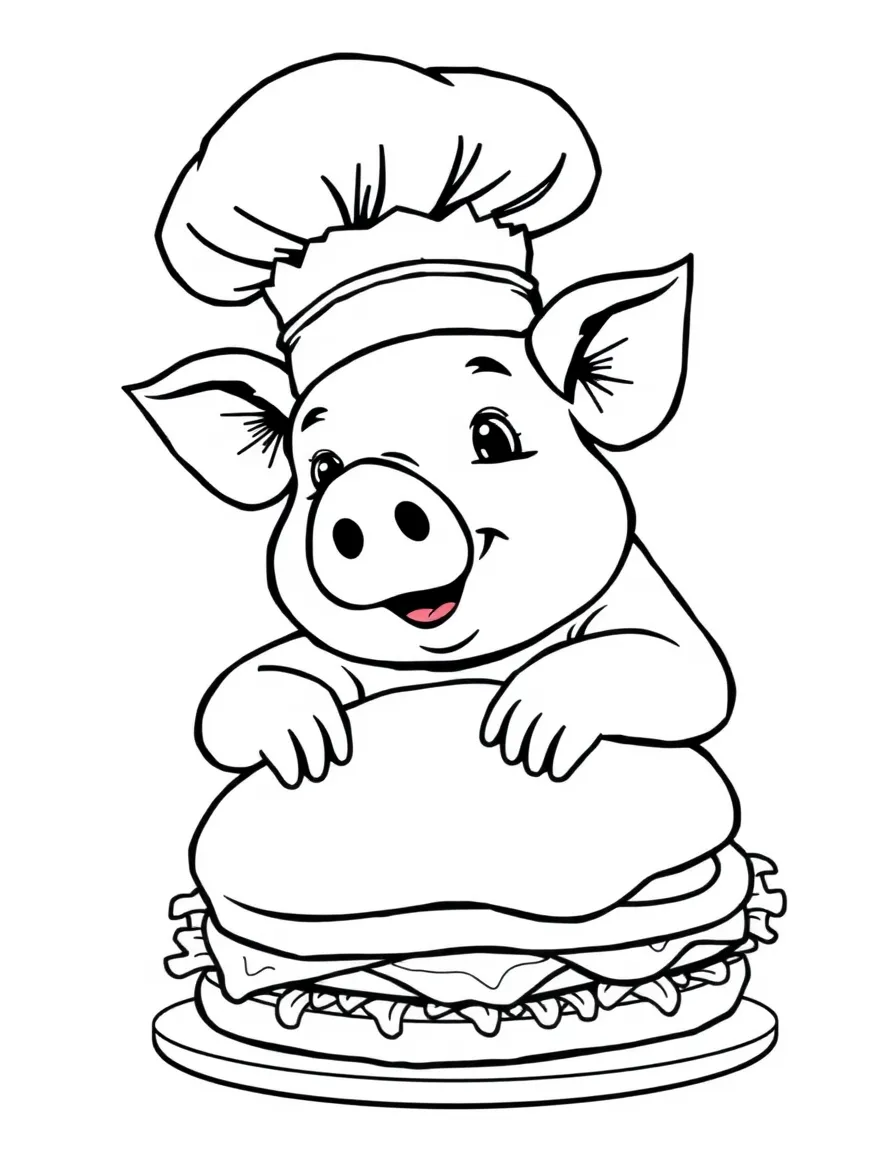 A pig wearing a chef's hat, making a giant sandwich.