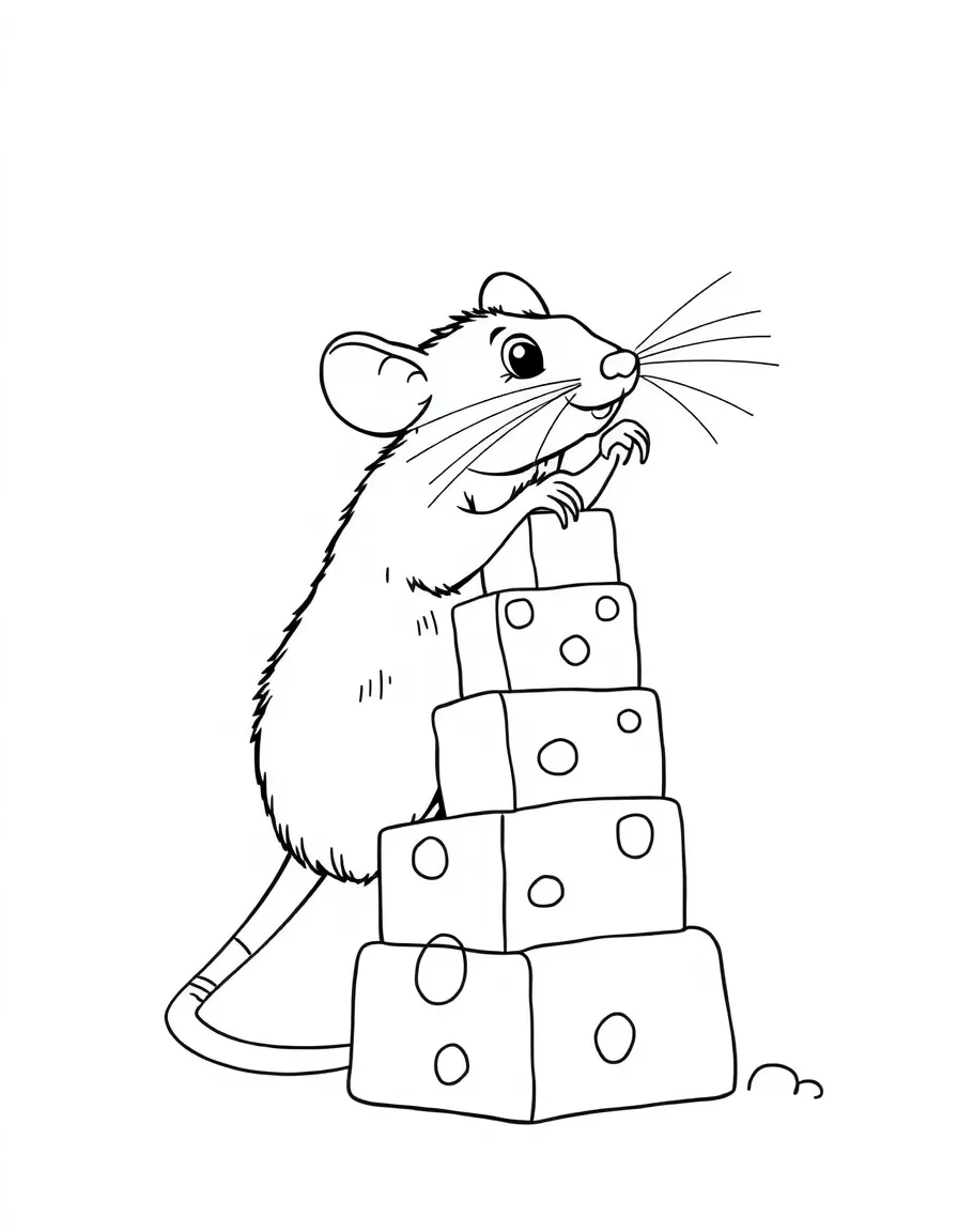 A rat building a tower of cheese blocks.