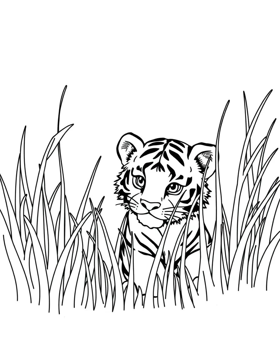 A tiger cub playing hide-and-seek behind tall grass.