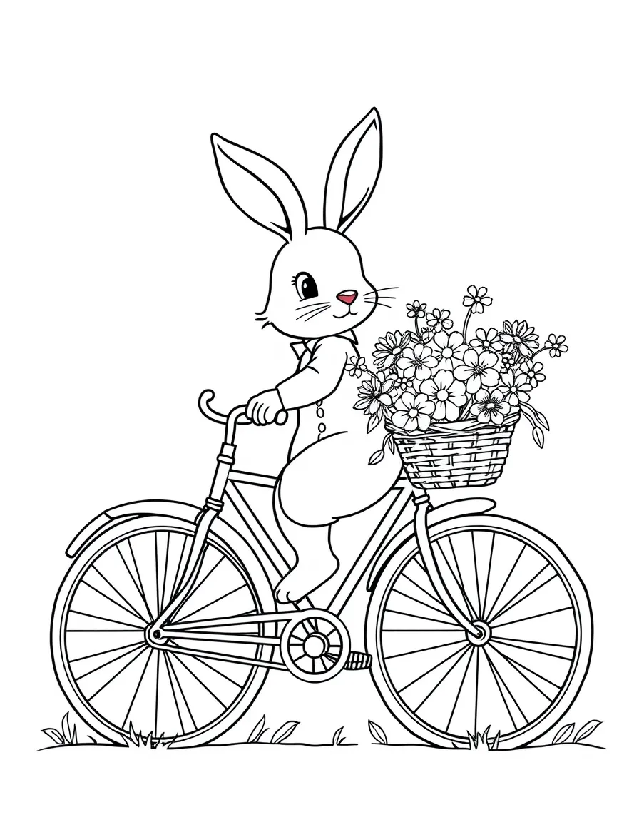 A rabbit riding a bicycle with a basket of flowers.