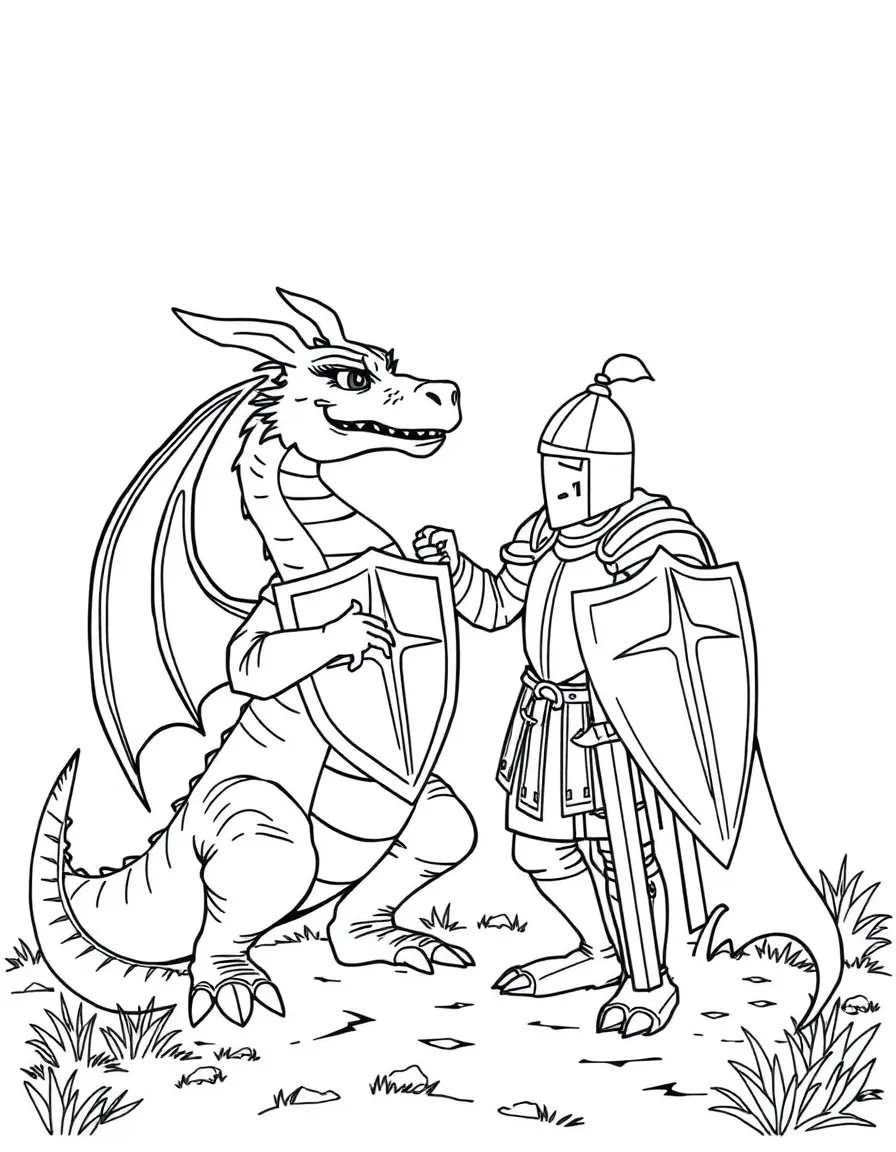 A dragon helping a knight in shining armor.