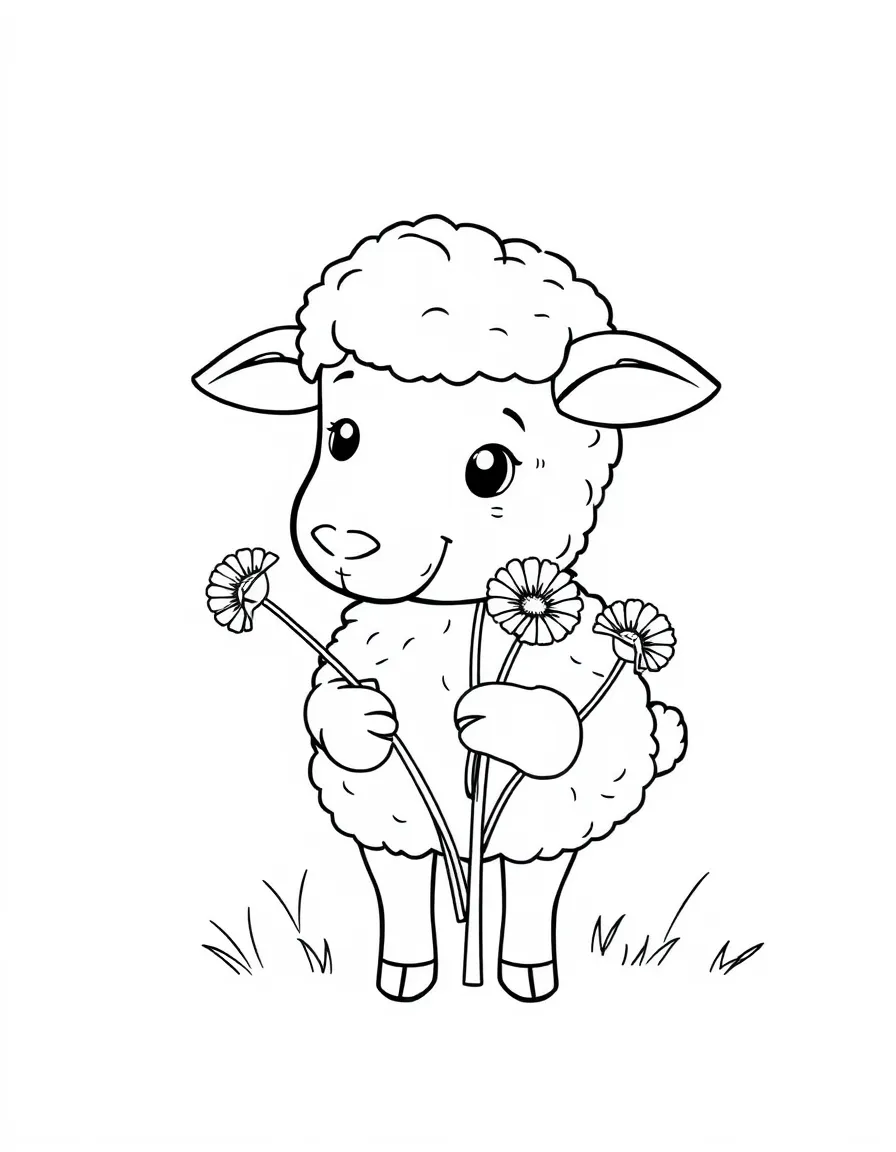 A sheep holding a bouquet of dandelions.