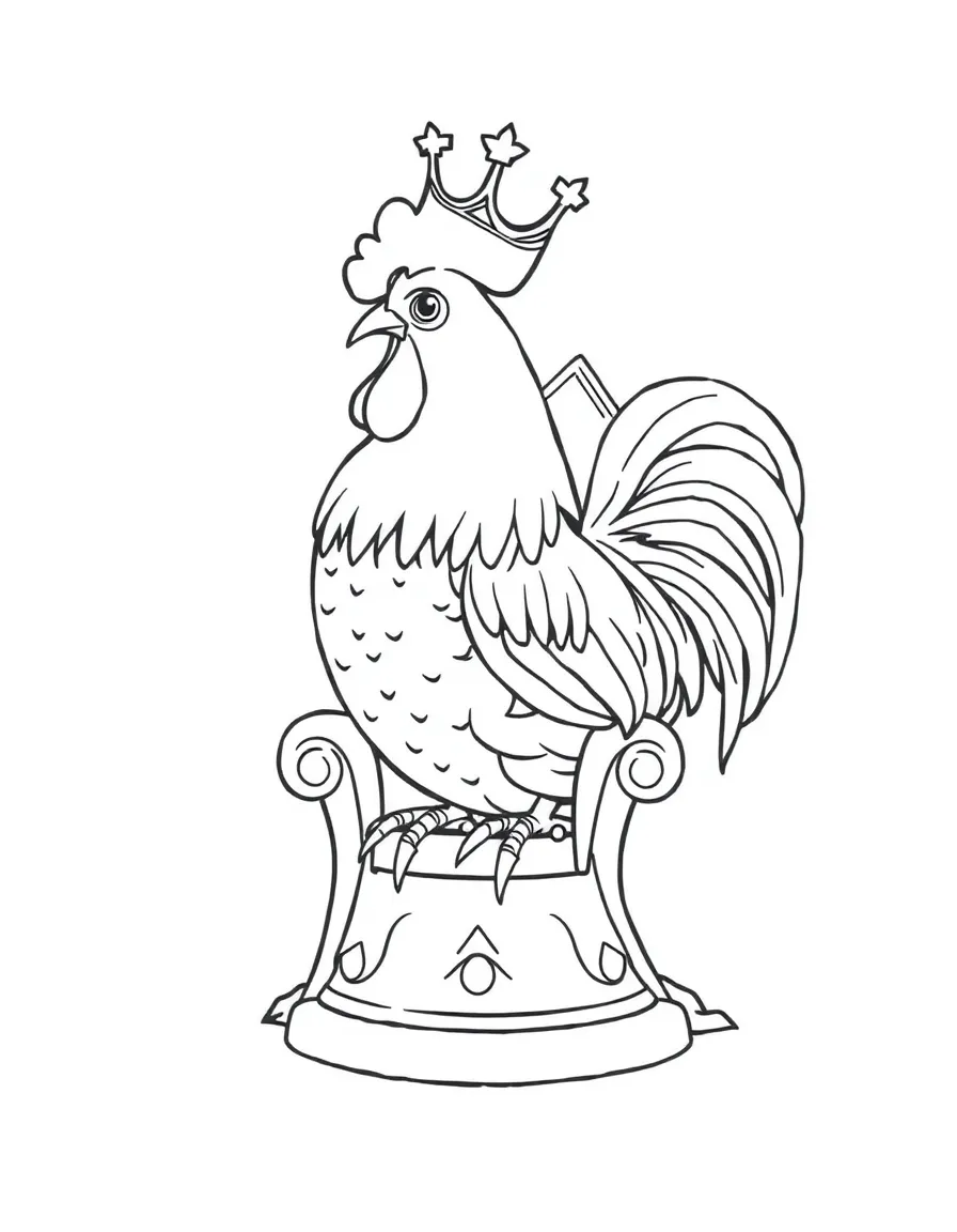 A rooster dressed as a king, sitting on a tiny throne.