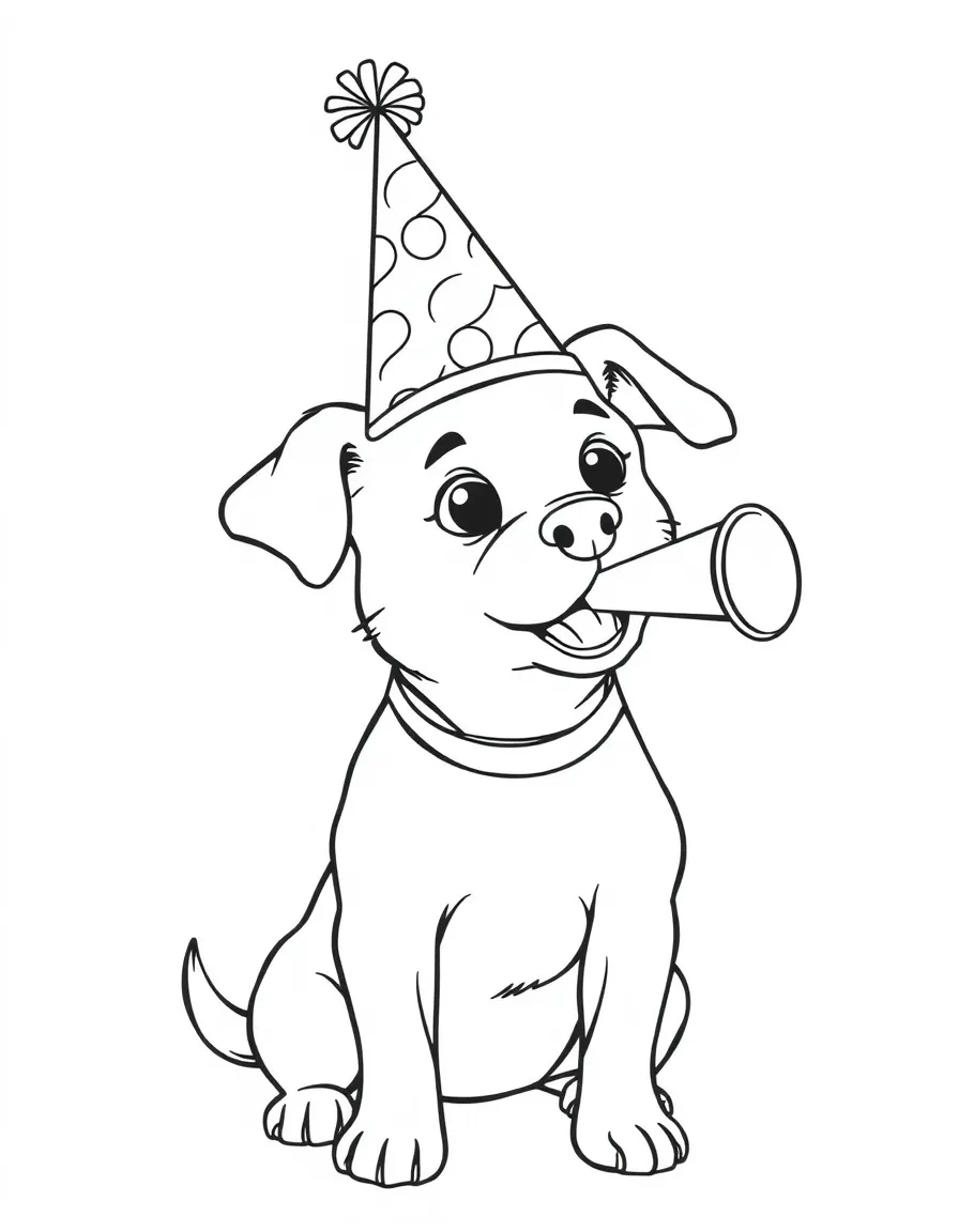 A dog wearing a party hat, blowing a party horn.