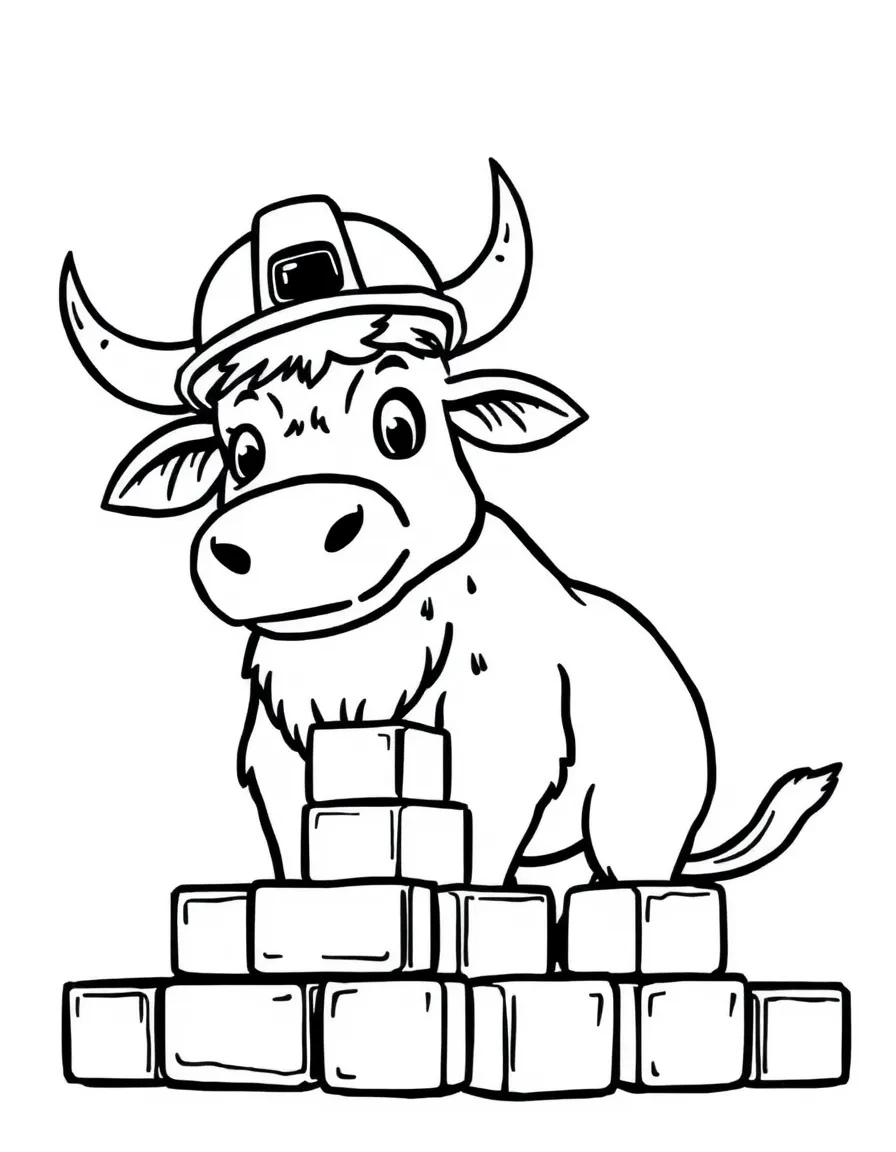An ox wearing a construction hat, building a block tower.