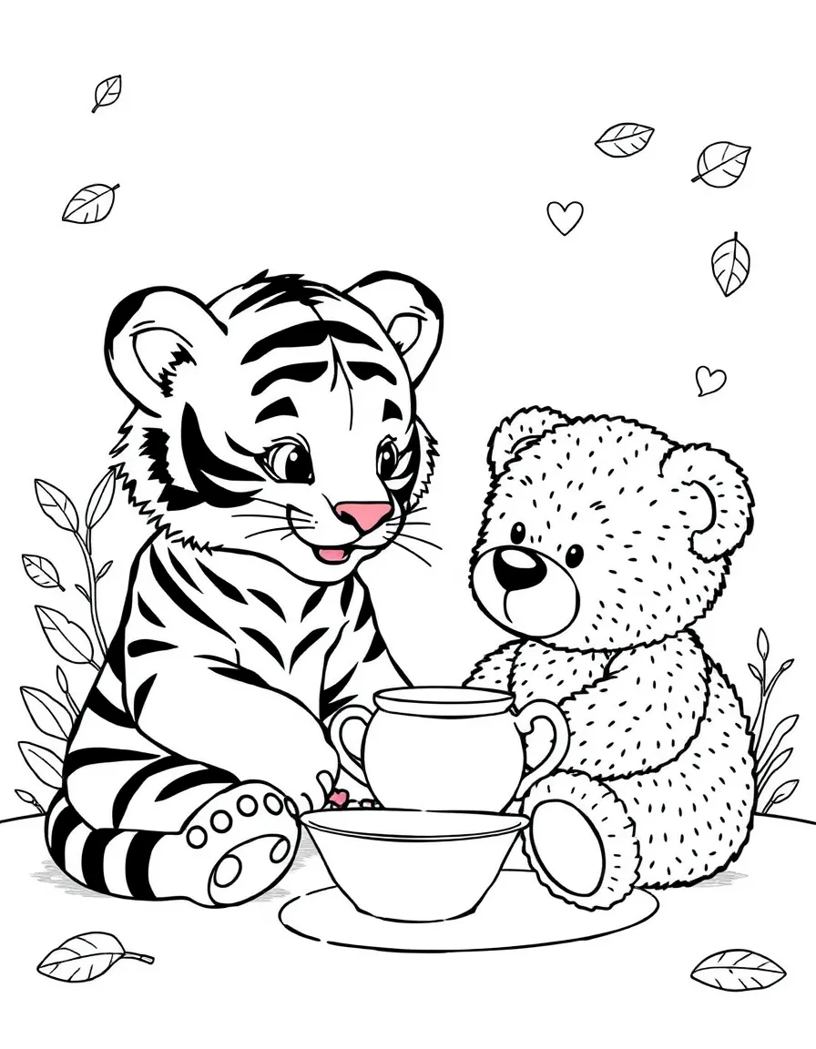 A tiger cub having a tea party with a teddy bear.