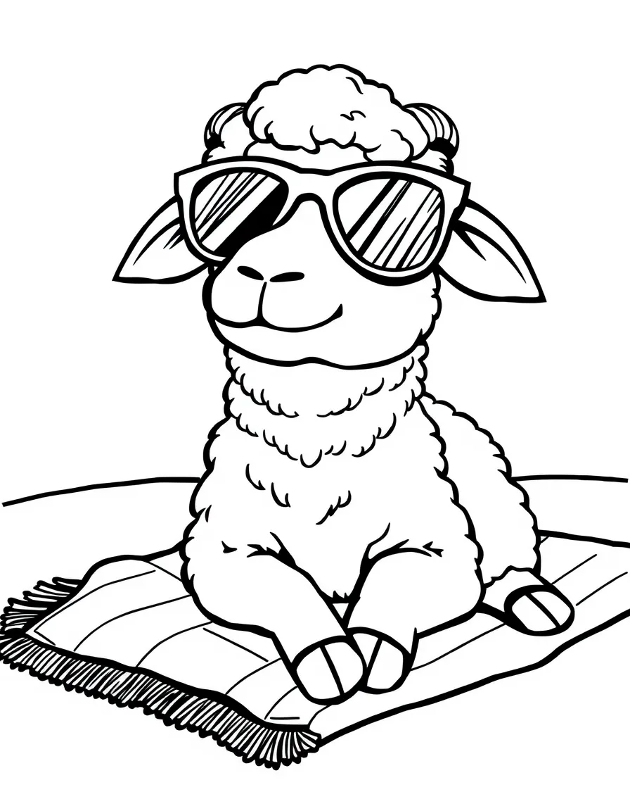 A sheep wearing sunglasses, relaxing on a beach towel.