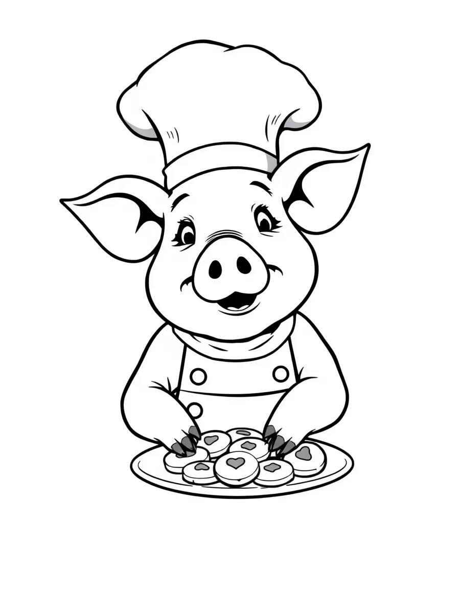A pig wearing a chef's hat, serving a plate of cookies.