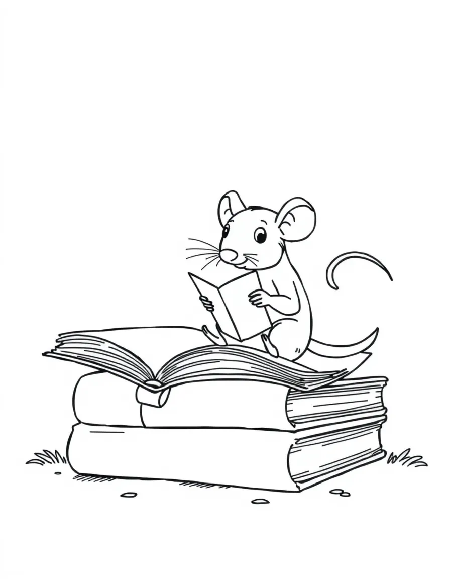 A rat sitting on a giant book, reading a story.