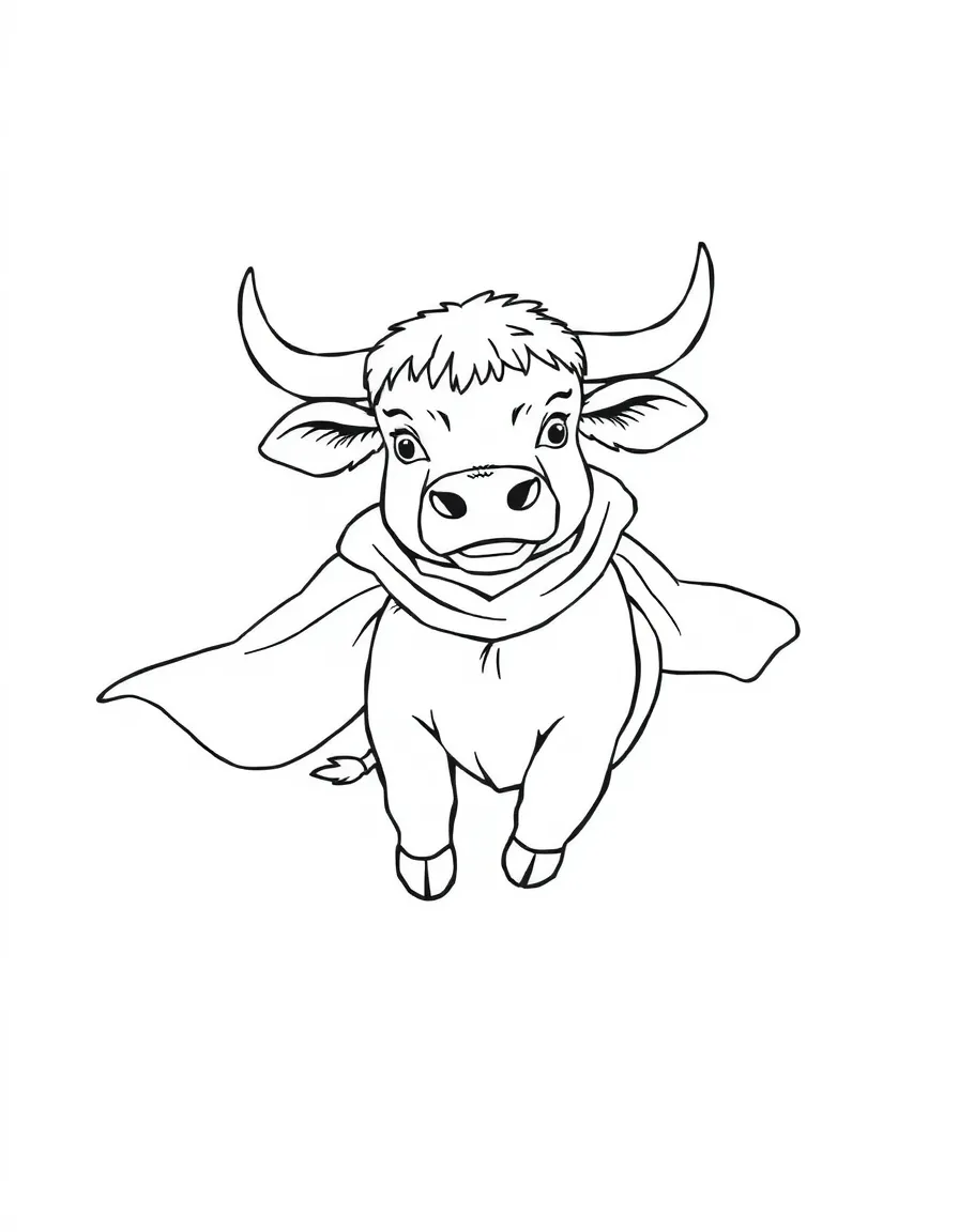 An ox wearing a cape, flying through the sky.