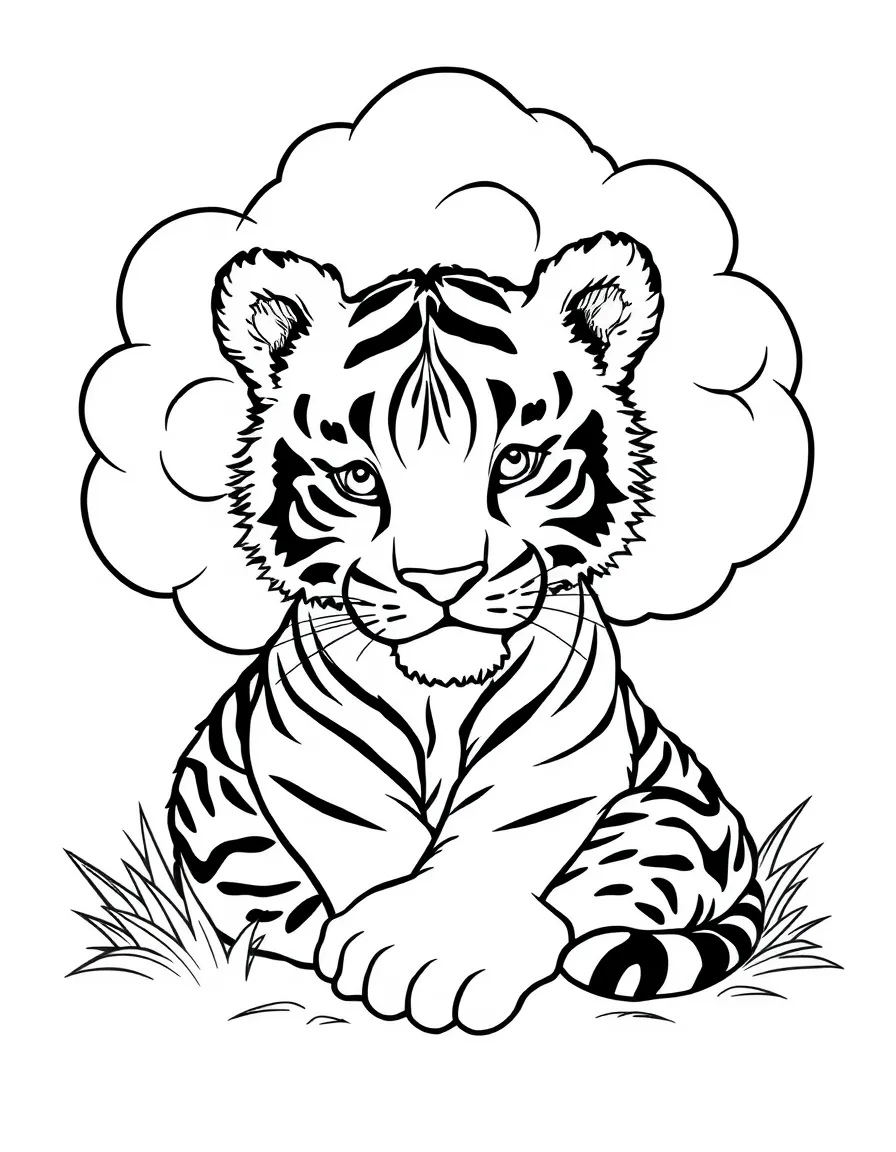 A tiger cub cuddling with a giant, fluffy cloud.