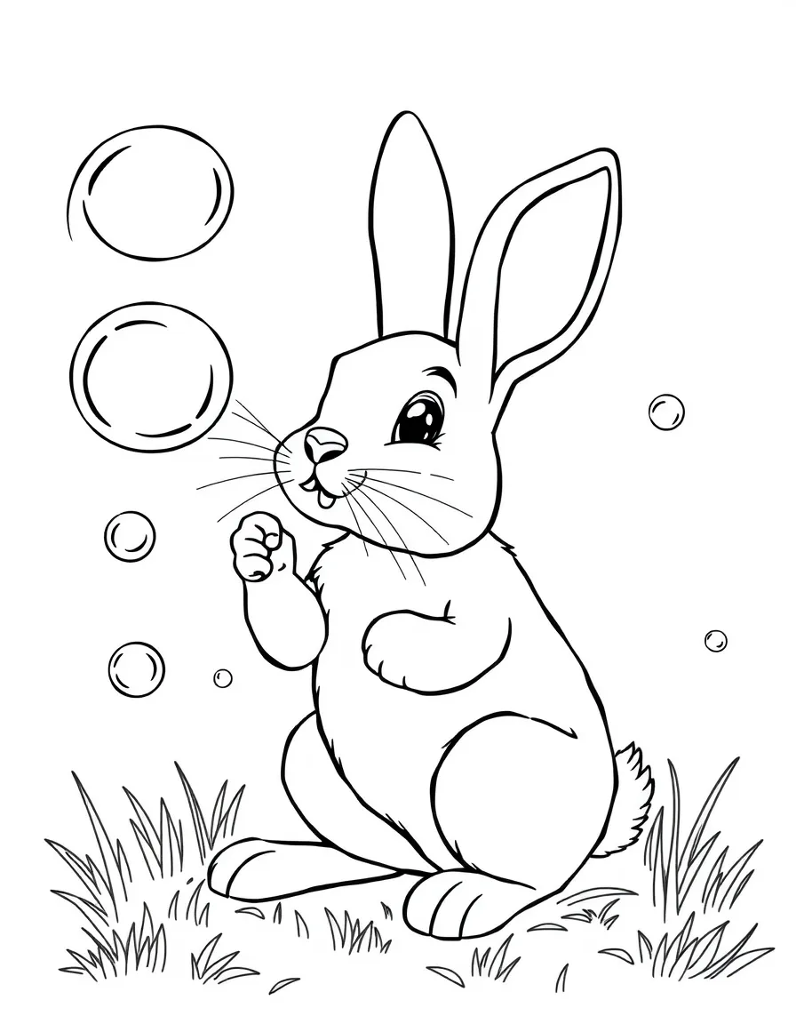 A rabbit blowing bubbles with a giant bubble wand.