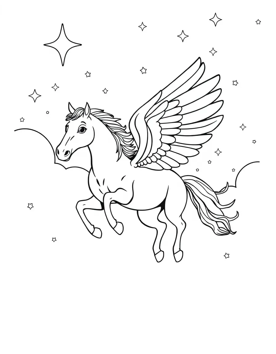 A horse with wings, flying through a starry night.