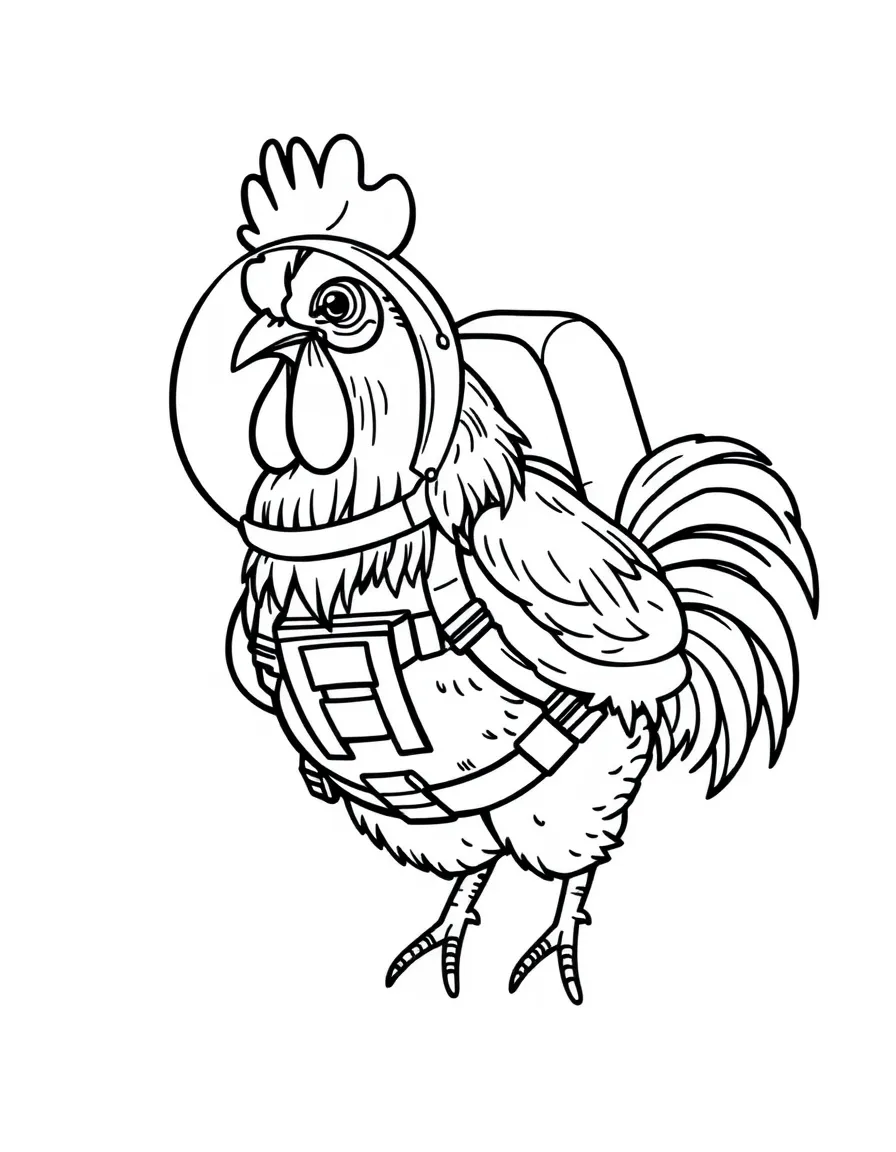 A rooster dressed as an astronaut, floating in space.