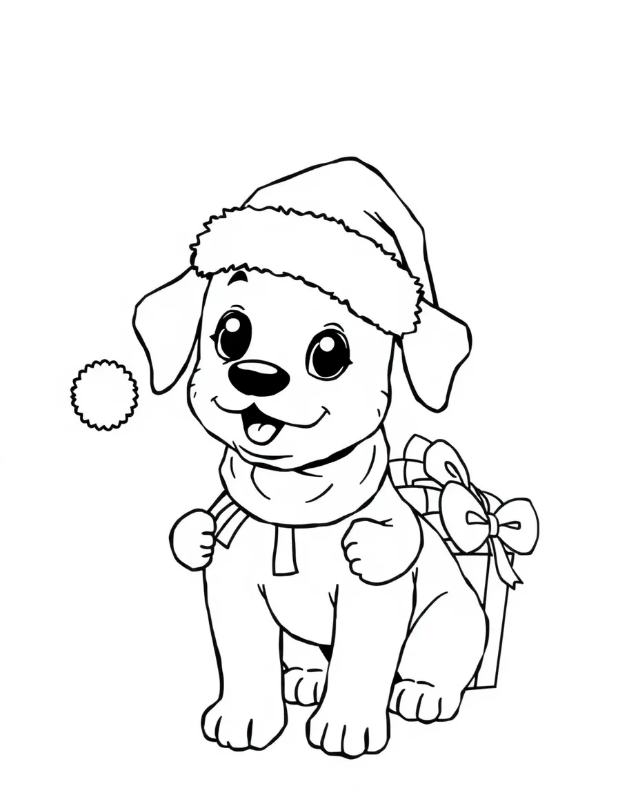 A dog wearing a tiny Santa hat, delivering presents.