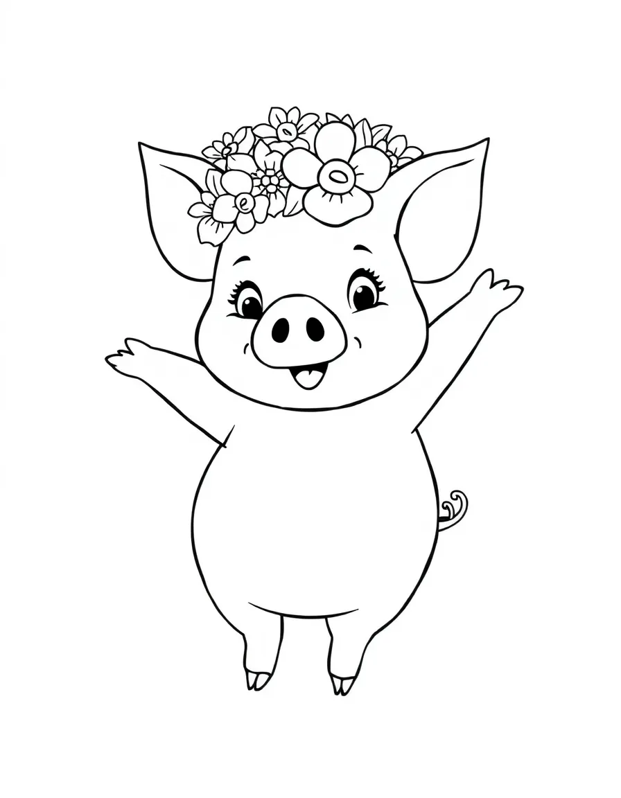 A pig wearing a crown of flowers, dancing happily.