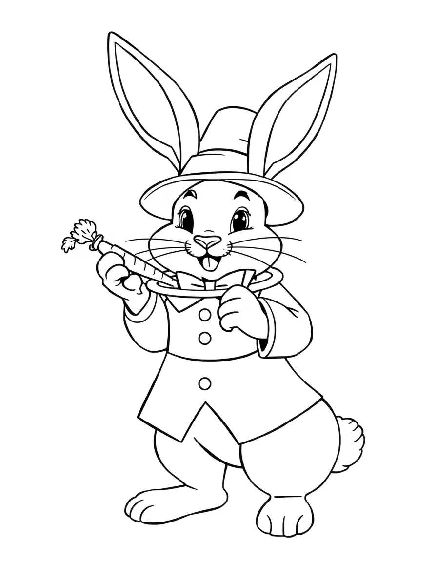 A rabbit dressed as a magician, pulling a carrot from a hat.