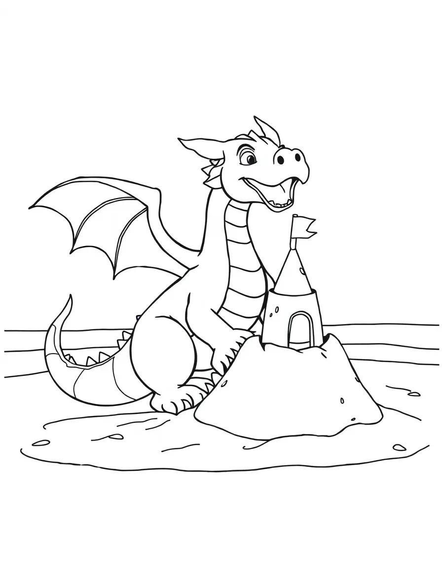 A dragon building a sandcastle on a beach.