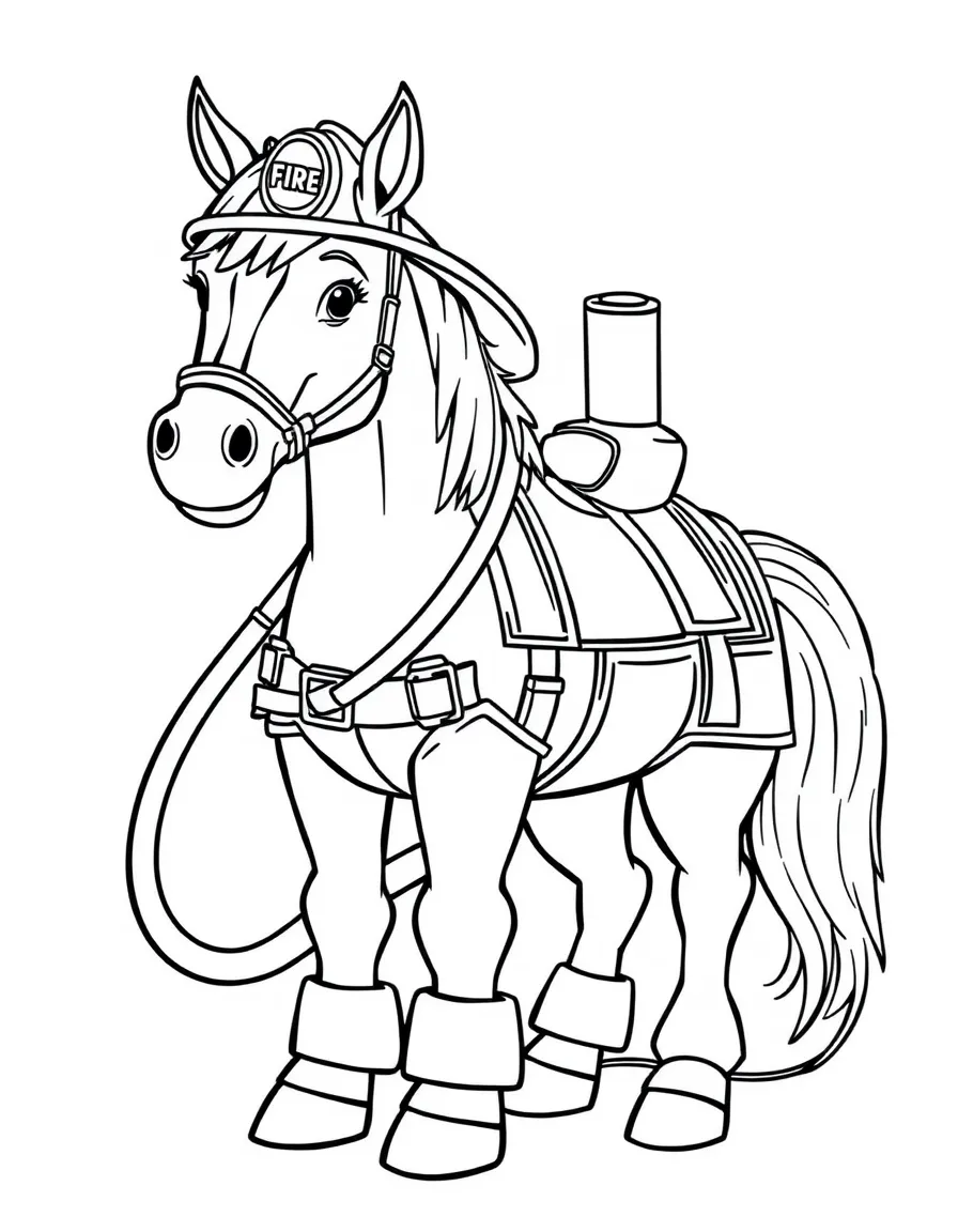 A horse dressed as a firefighter, holding a hose.