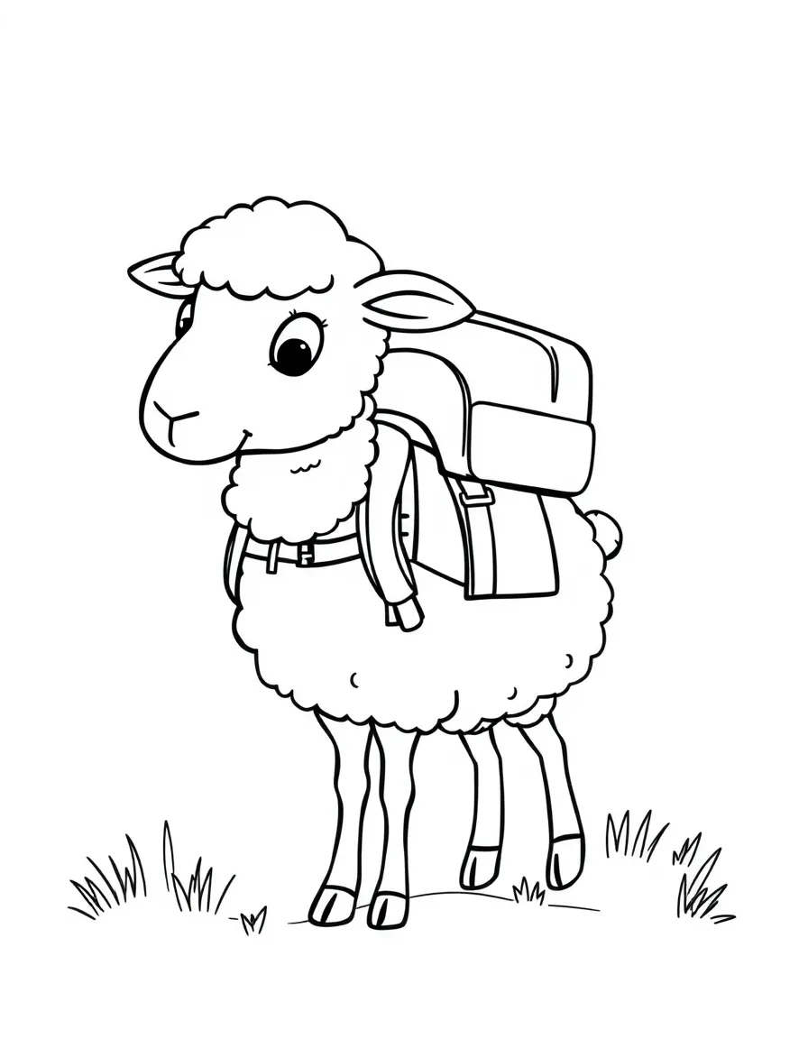 A sheep wearing a tiny backpack, going on a hike.