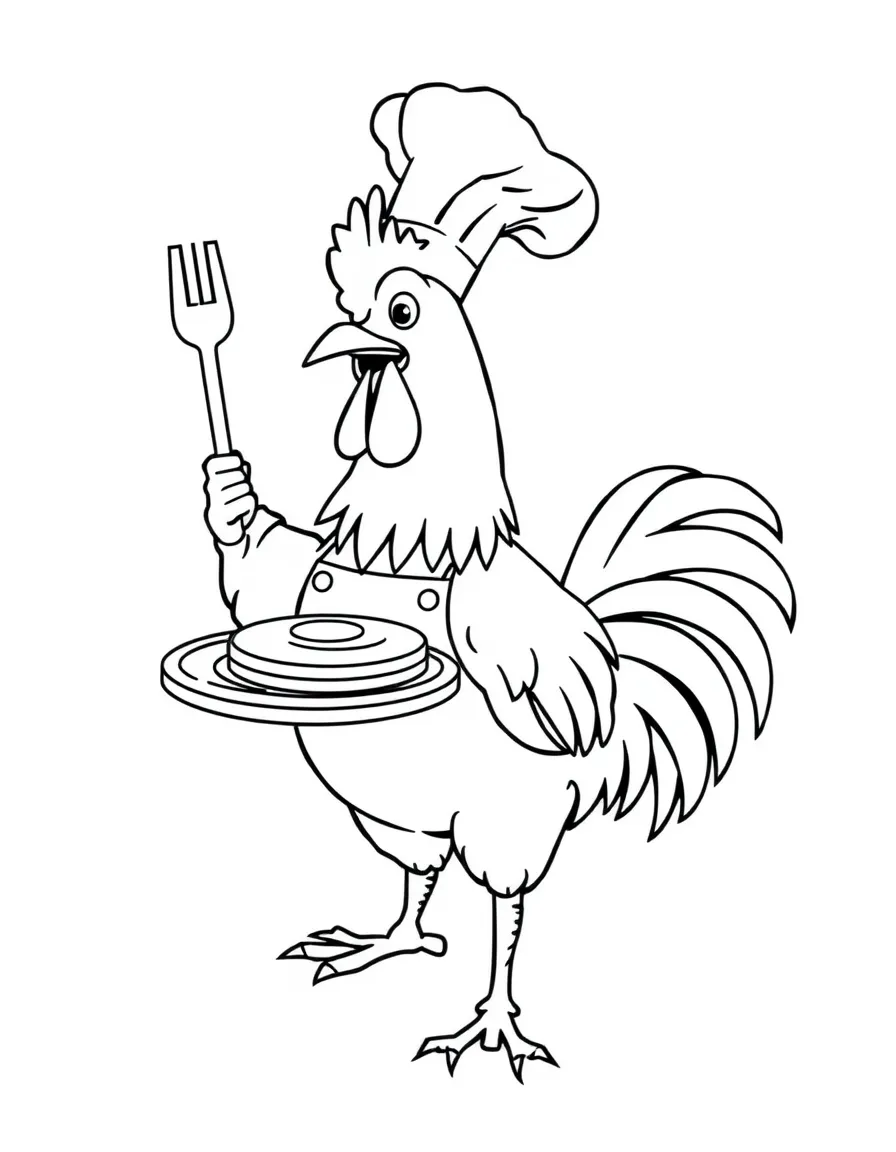A rooster dressed as a chef, flipping pancakes.