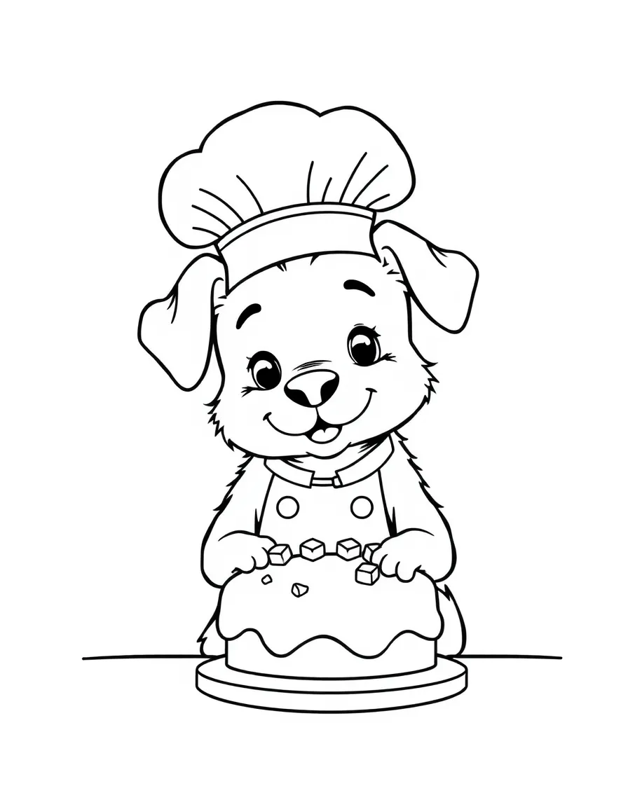 A dog wearing a tiny chef's hat, baking a cake.