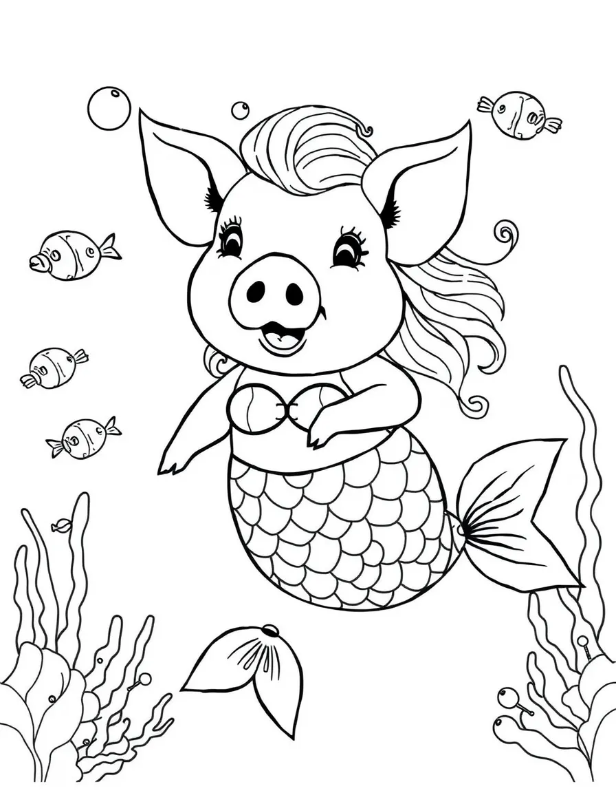 A pig dressed as a mermaid, swimming with fish.