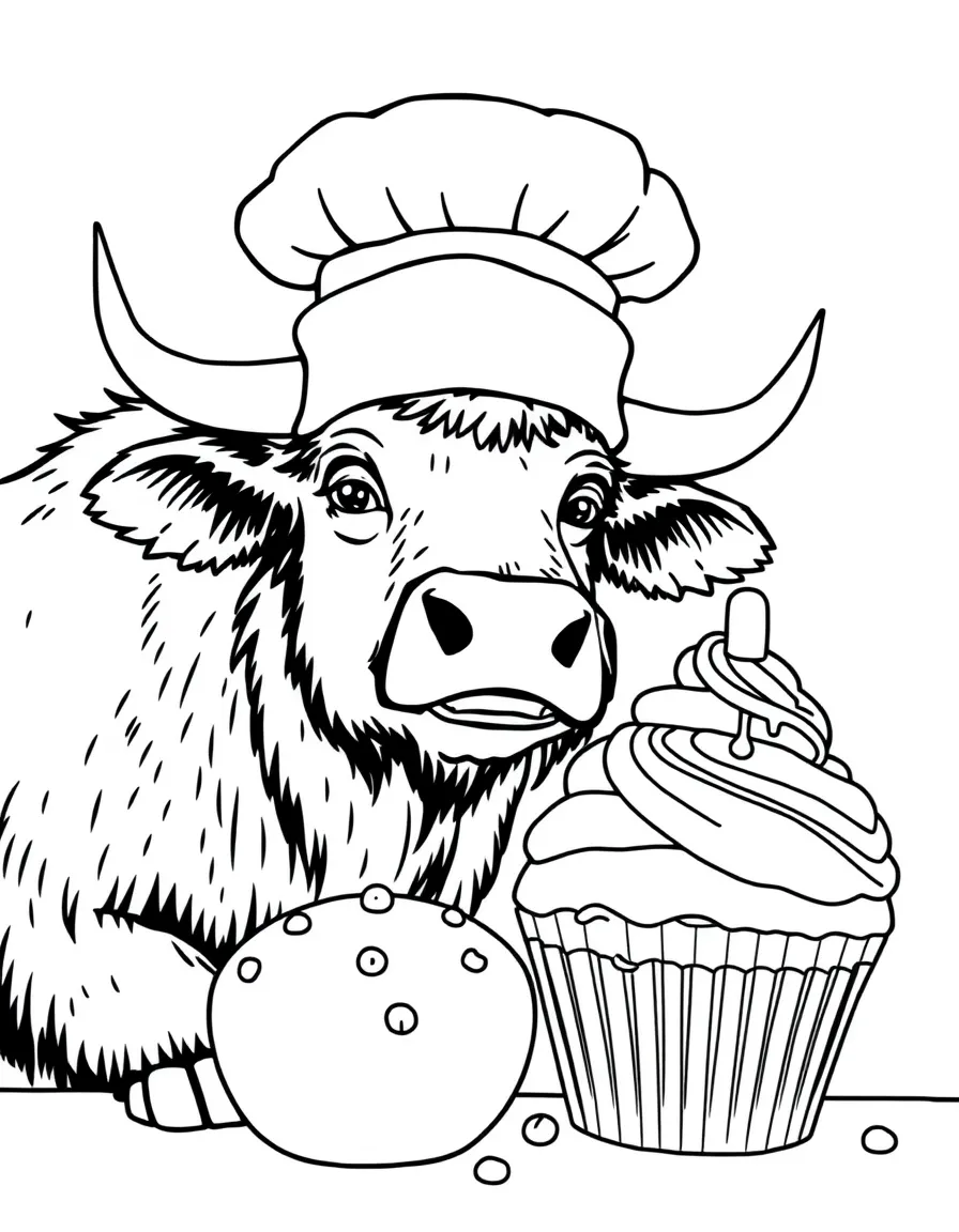 An ox wearing a baker's hat, decorating a giant cupcake.