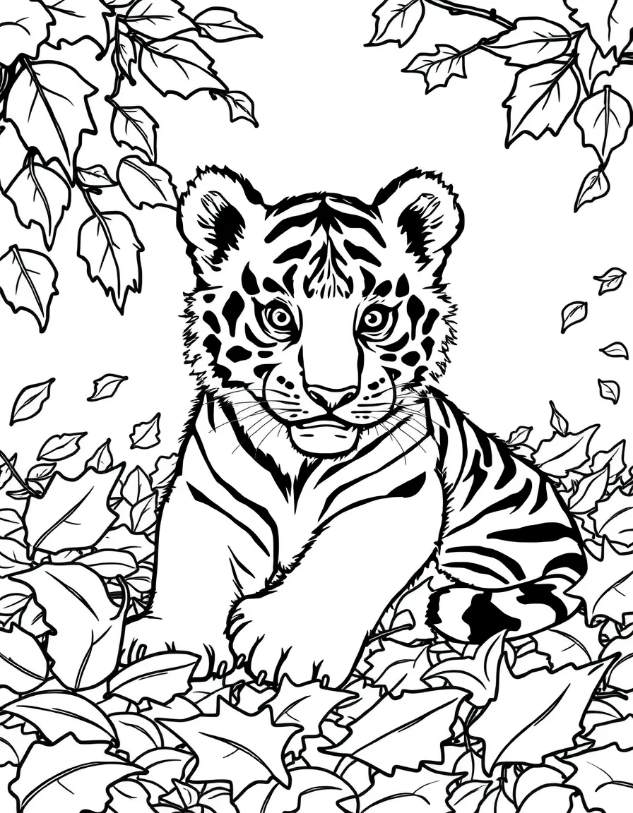 A tiger cub playing in a pile of autumn leaves.