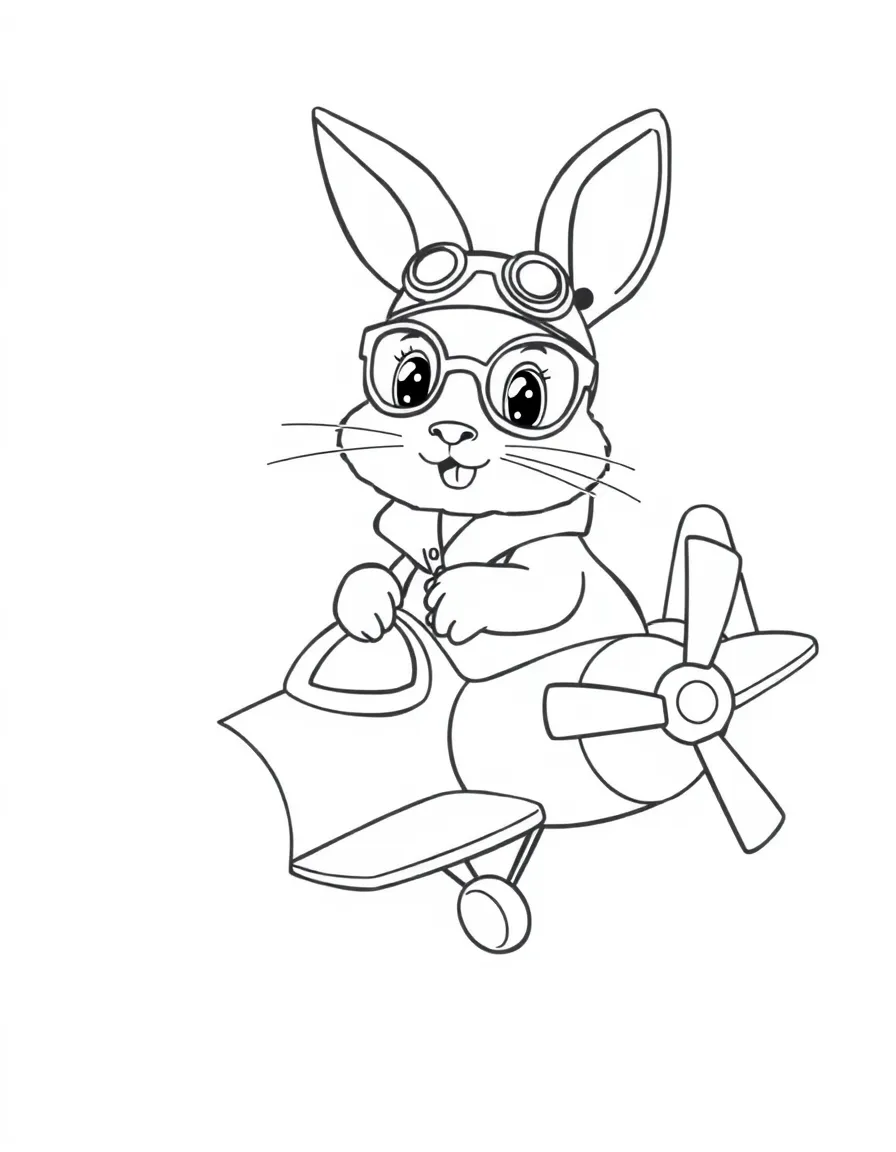 A rabbit dressed as a pilot, flying a small airplane.