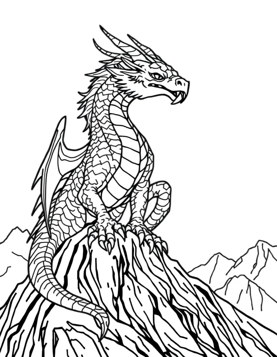 A dragon with shimmering scales, perched on a mountain.
