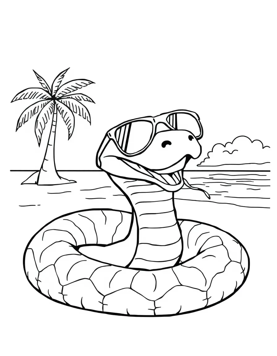 A snake wearing sunglasses, lounging on a beach.