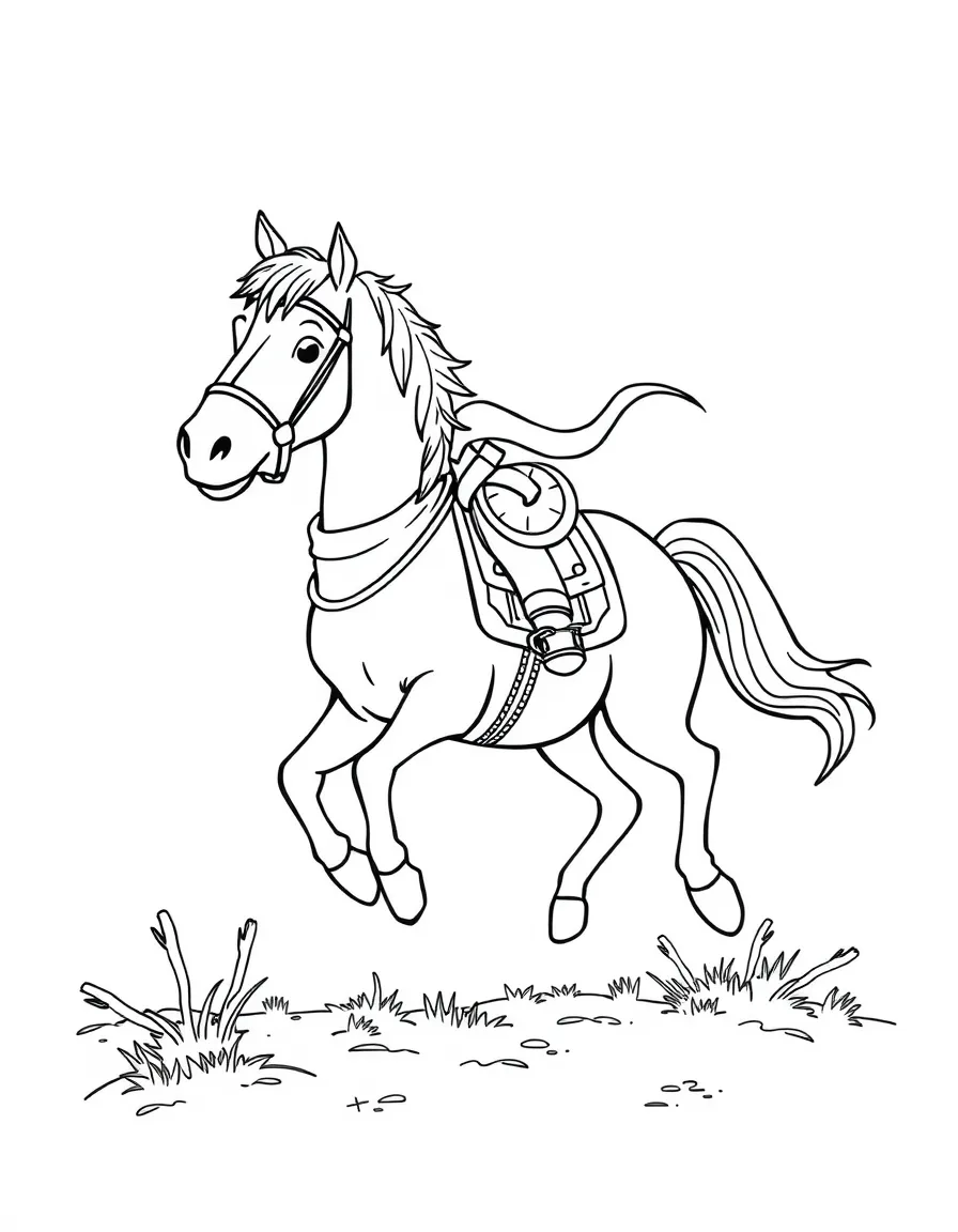 A horse dressed as a cowboy, riding a playful tumbleweed.