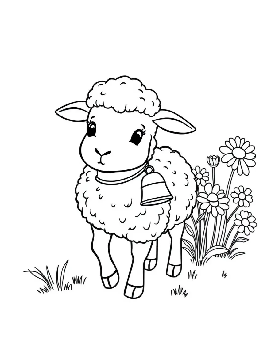 A sheep wearing a tiny bell, leading a procession of flowers.