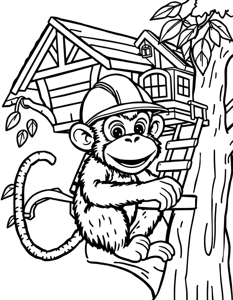 A monkey wearing a construction helmet, building a treehouse.