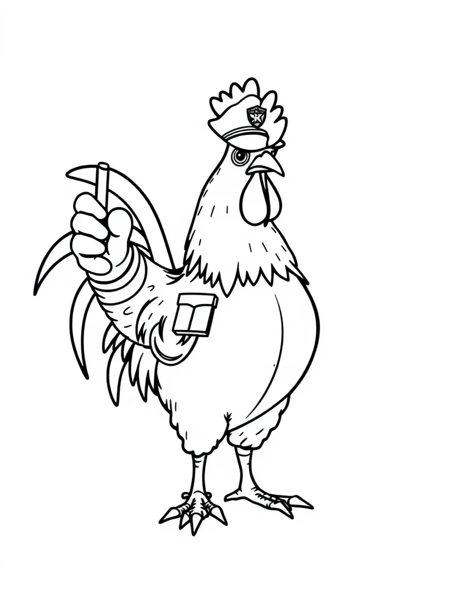 A rooster dressed as a police officer, directing traffic.