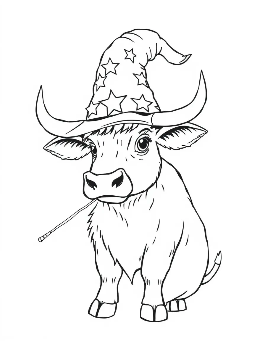 An ox wearing a wizard's hat, casting a spell with a wand.